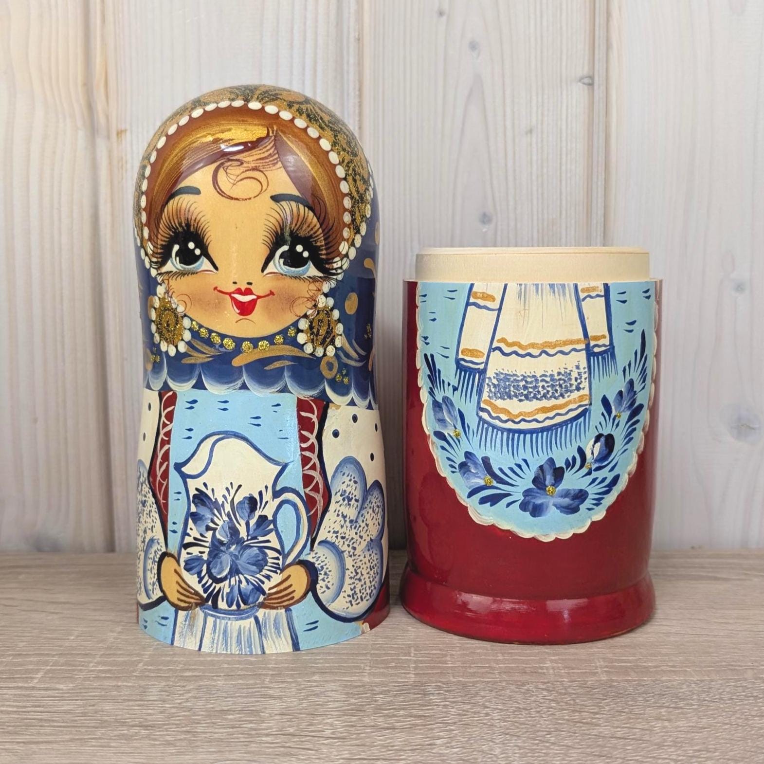 Russian matryoshka bottle holder, hand painted, blue gold, Gzhel style, Soviet era