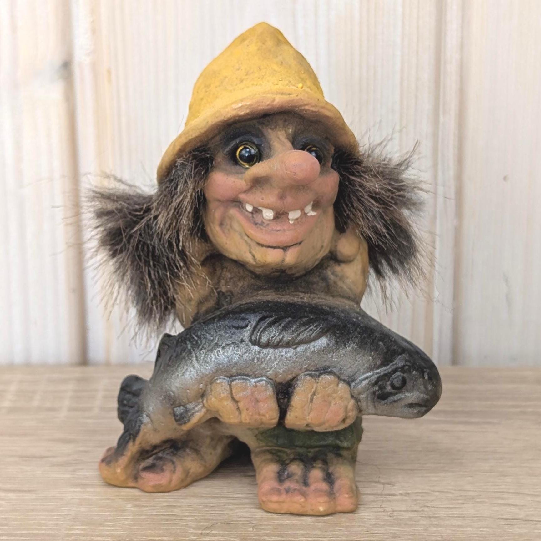 Ny-Form troll 062, Norway, fisherman, yellow hat, real fur, original label, 1980s