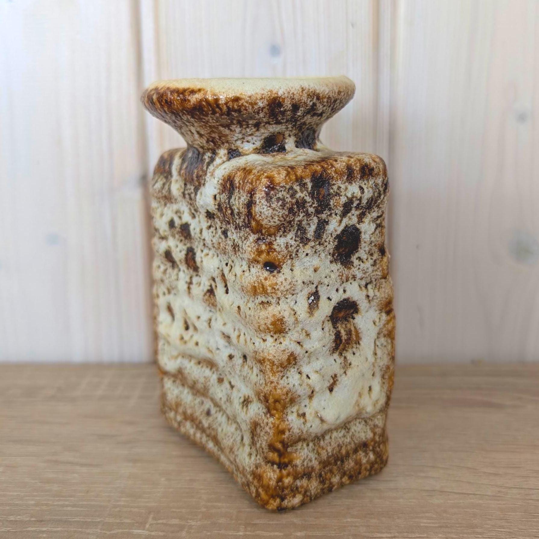 Vest Keramiek Fat Lava Vase, Van Woerden Gouda Netherlands, Rectangular Dutch Pottery, 1970s