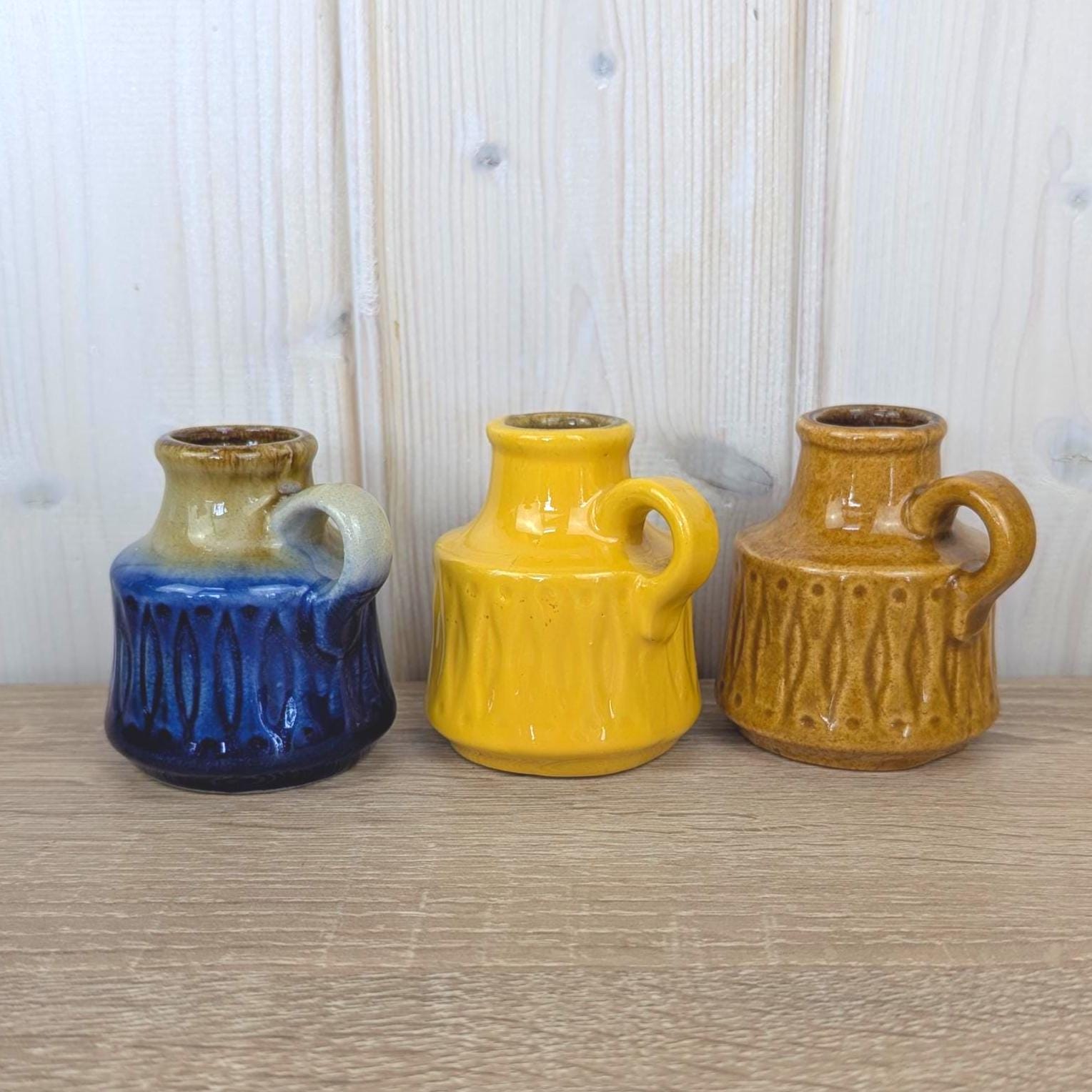 Set of 3 Scheurich 410-7 Mini Jug Vases, West Germany 1970s, Blue Yellow Brown, MCM Pottery