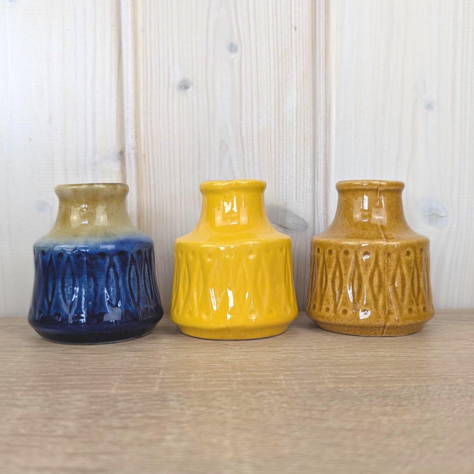 Set of 3 Scheurich 410-7 Mini Jug Vases, West Germany 1970s, Blue Yellow Brown, MCM Pottery