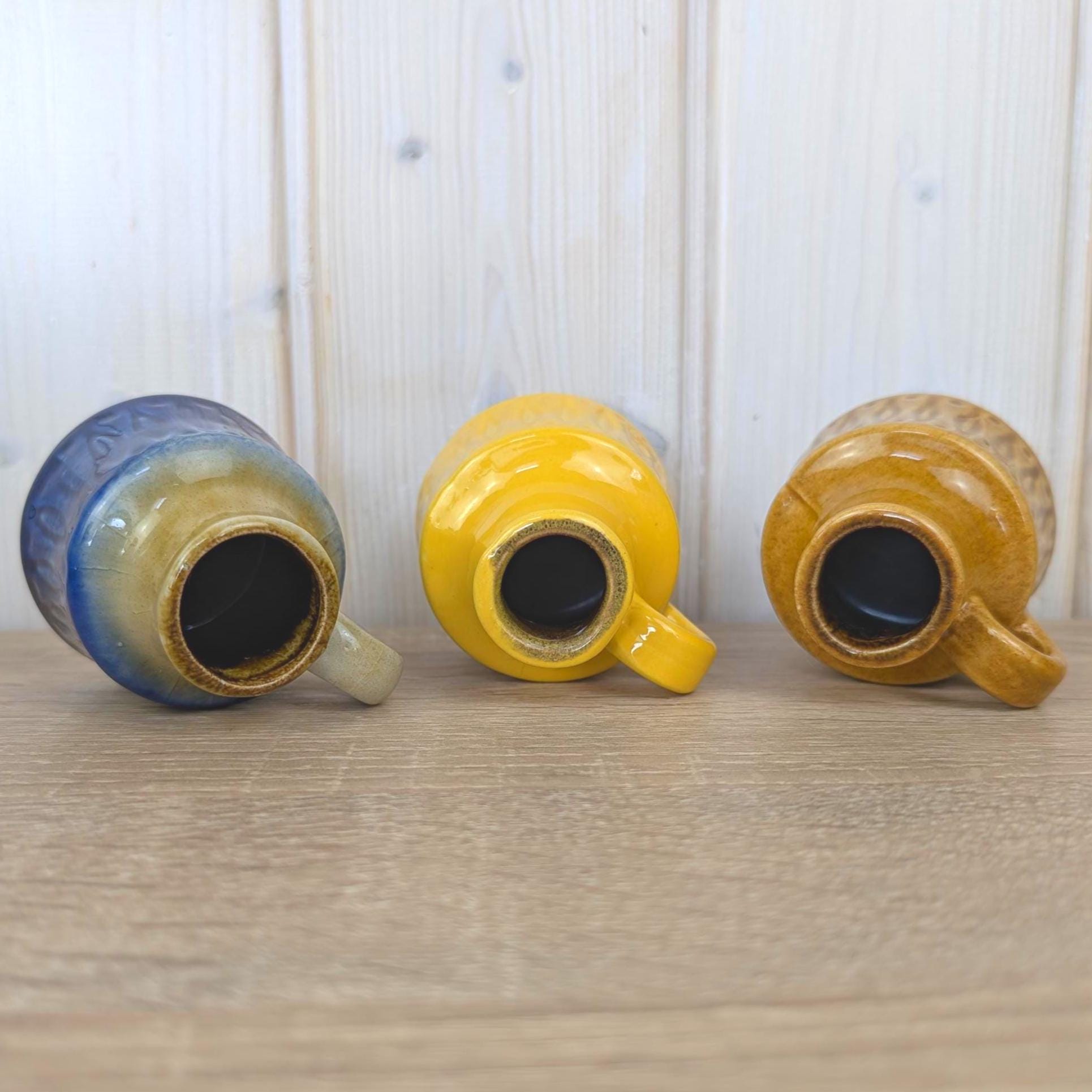 Set of 3 Scheurich 410-7 Mini Jug Vases, West Germany 1970s, Blue Yellow Brown, MCM Pottery
