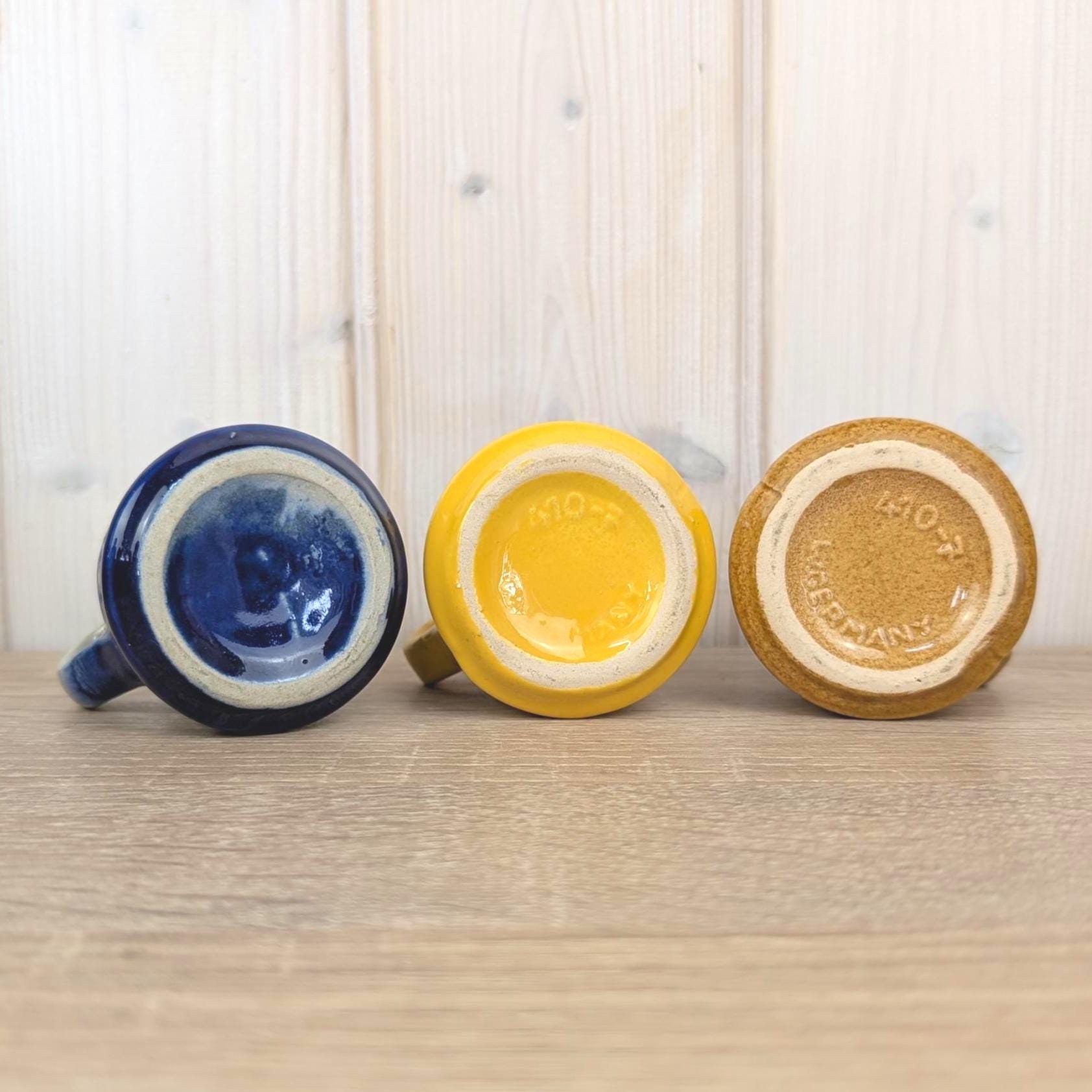 Set of 3 Scheurich 410-7 Mini Jug Vases, West Germany 1970s, Blue Yellow Brown, MCM Pottery