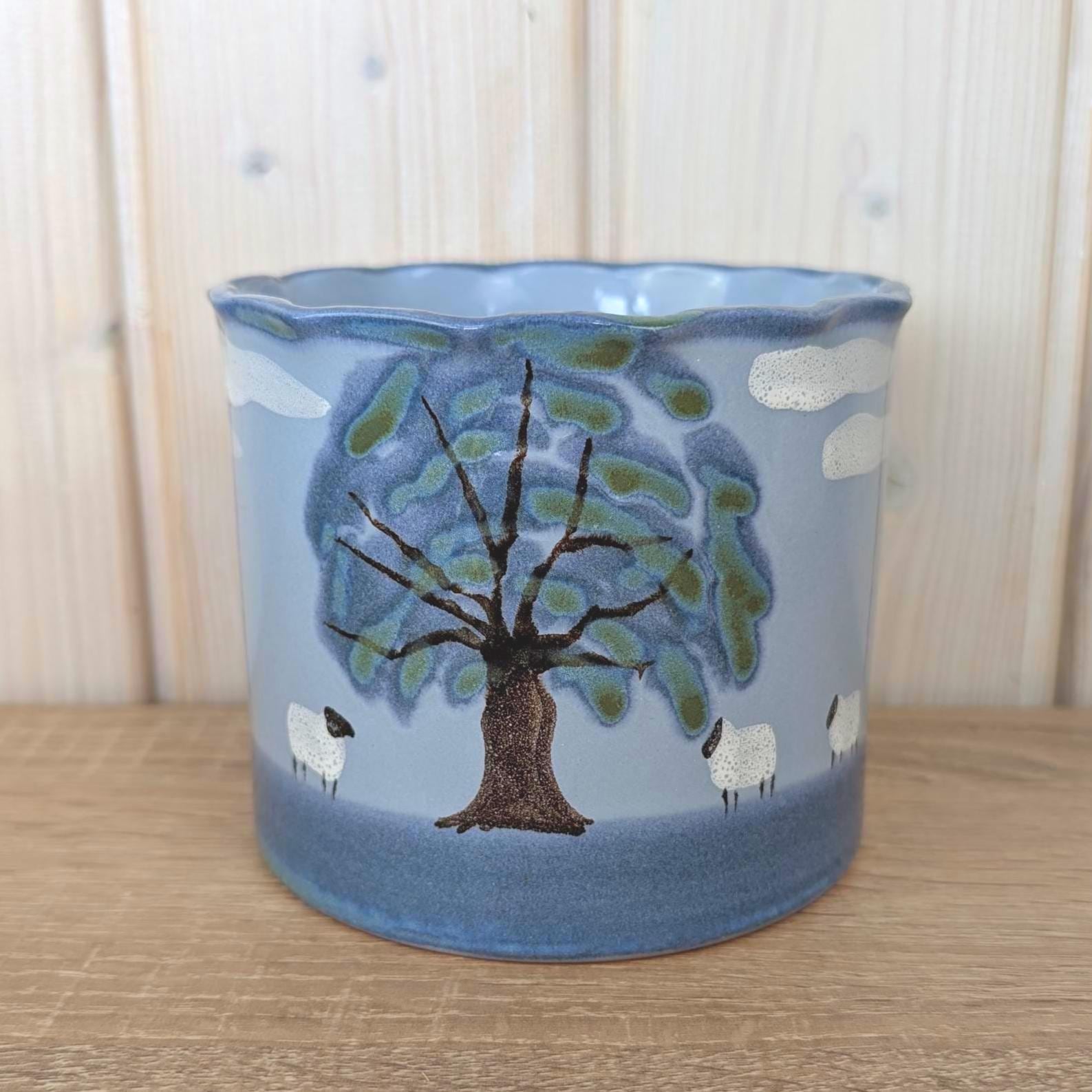 Marei Keramik Planter Pot, Sheep and Tree Landscape, Germany 1970s, Blue Gray Ceramic, MCM