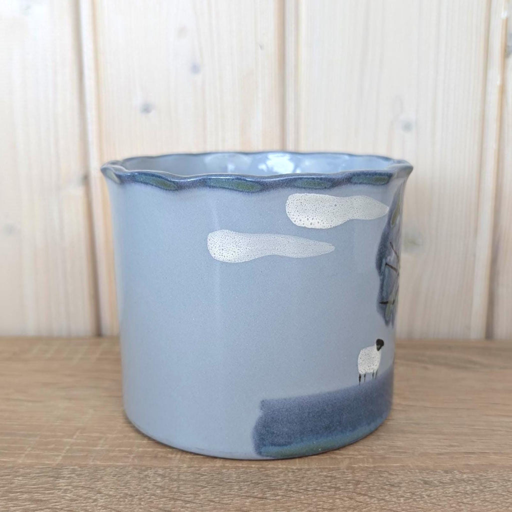 Marei Keramik Planter Pot, Sheep and Tree Landscape, Germany 1970s, Blue Gray Ceramic, MCM