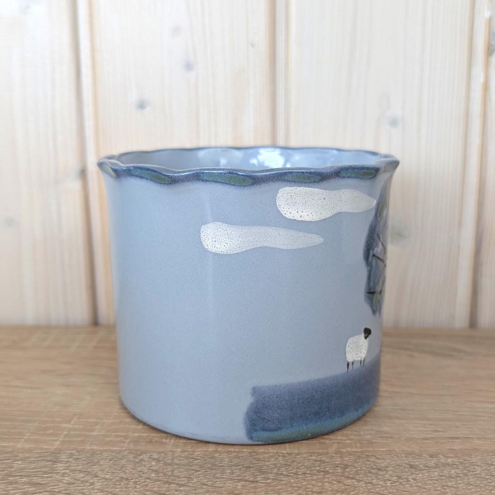 Marei Keramik Planter Pot, Sheep and Tree Landscape, Germany 1970s, Blue Gray Ceramic, MCM