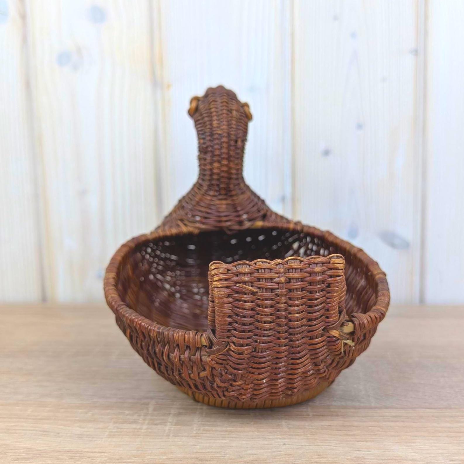 Wicker Duck Basket, Rattan with Wooden Beak, 1970s Folk Art, Fruit Bread Display Basket