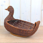 Wicker Duck Basket, Rattan with Wooden Beak, 1970s Folk Art, Fruit Bread Display Basket