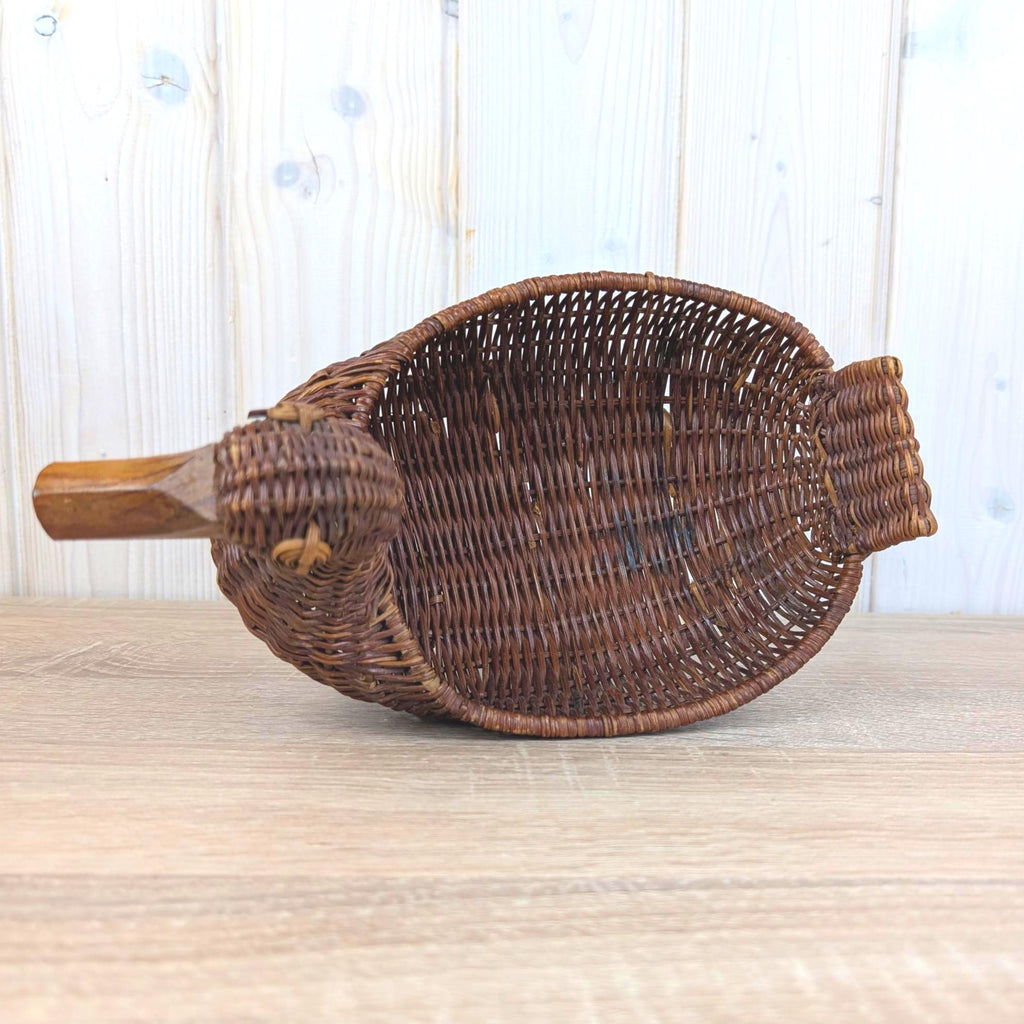 Wicker Duck Basket, Rattan with Wooden Beak, 1970s Folk Art, Fruit Bread Display Basket