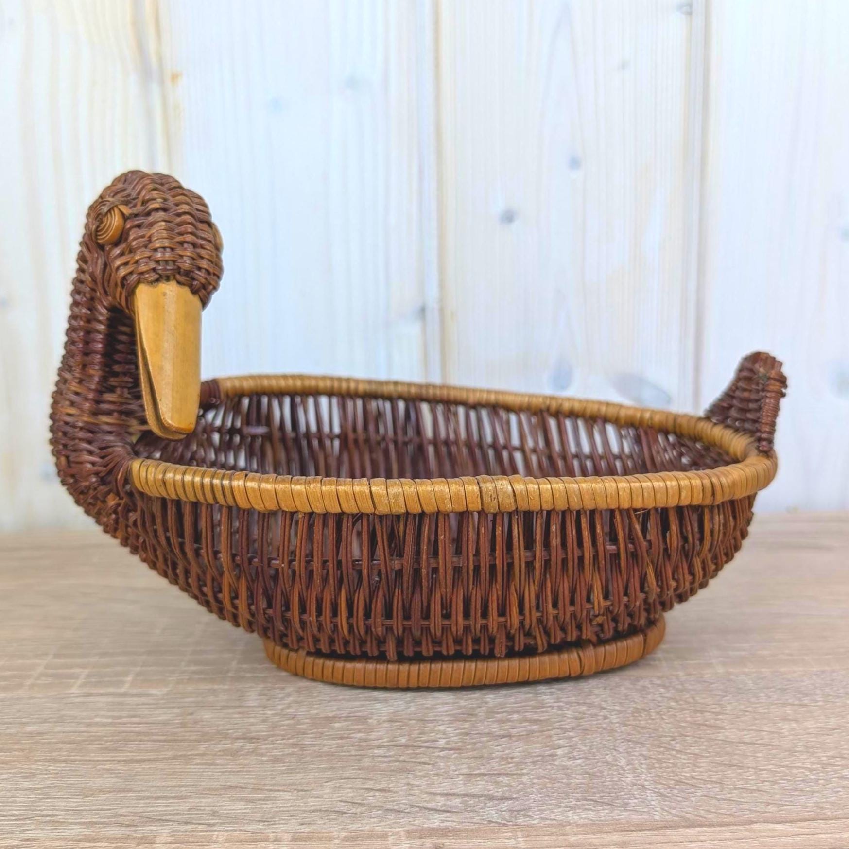 Wicker Duck Basket, Rattan with Wooden Beak, 1970s Folk Art, Fruit Bread Display Basket