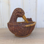 Wicker Duck Basket, Rattan with Wooden Beak, 1970s Folk Art, Fruit Bread Display Basket