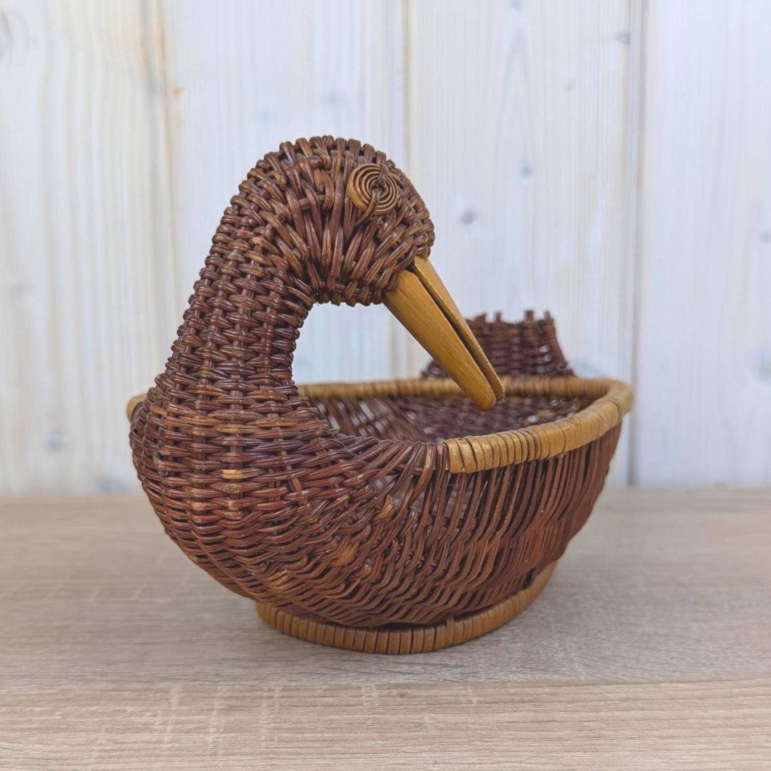 Wicker Duck Basket, Rattan with Wooden Beak, 1970s Folk Art, Fruit Bread Display Basket