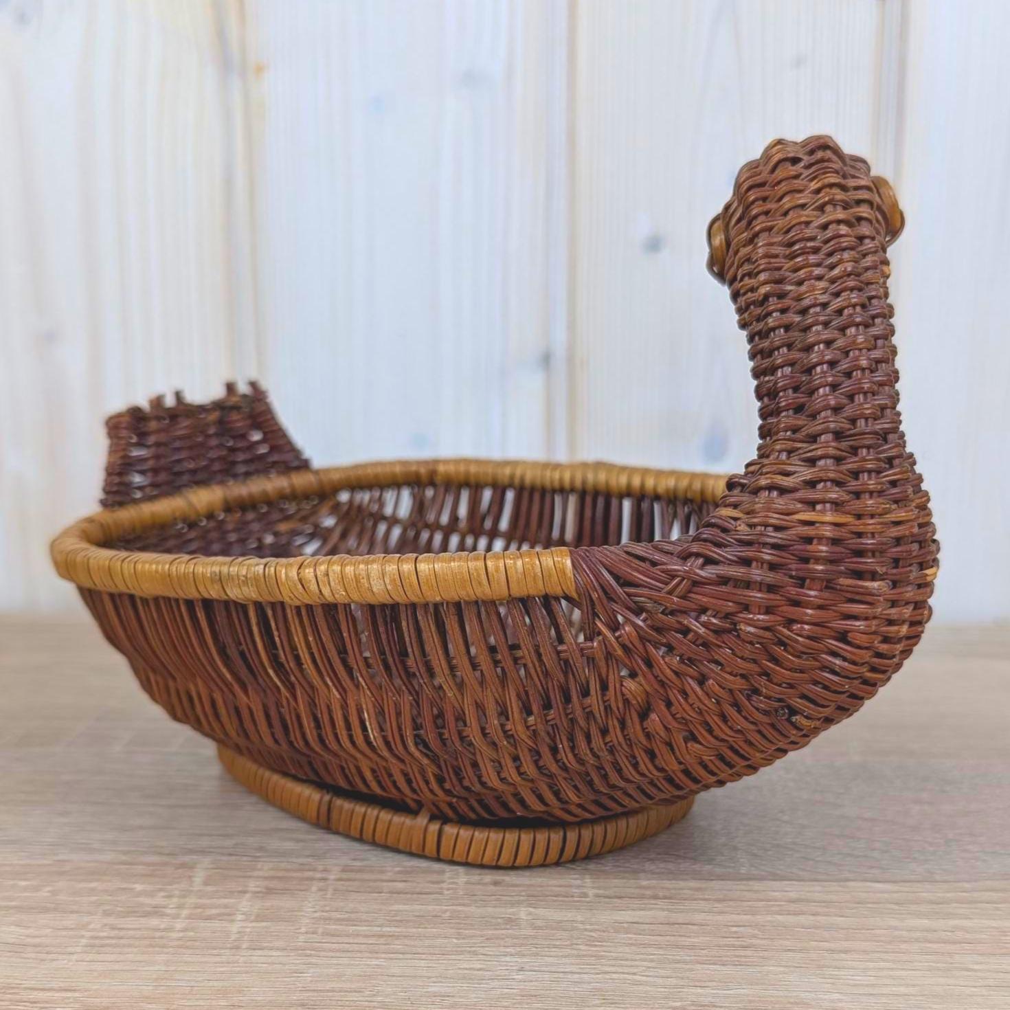 Wicker Duck Basket, Rattan with Wooden Beak, 1970s Folk Art, Fruit Bread Display Basket