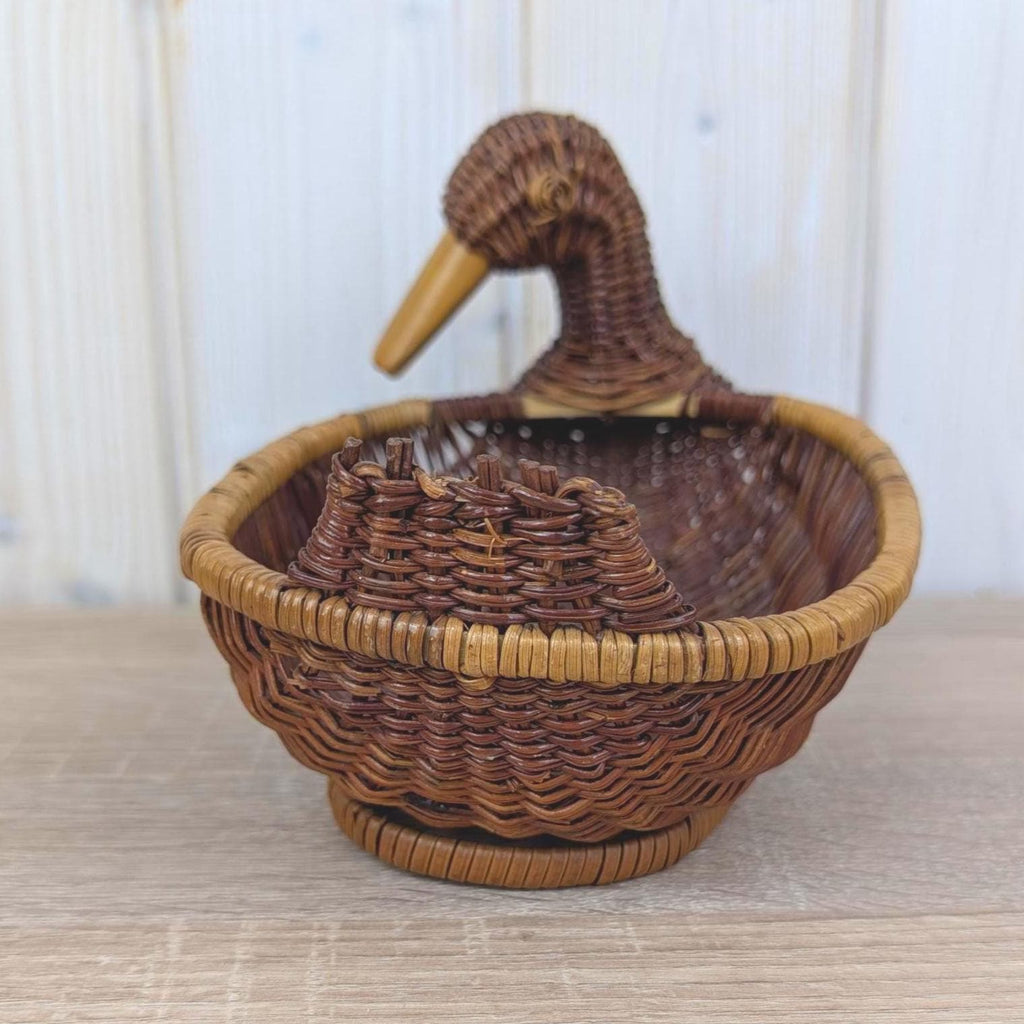 Wicker Duck Basket, Rattan with Wooden Beak, 1970s Folk Art, Fruit Bread Display Basket