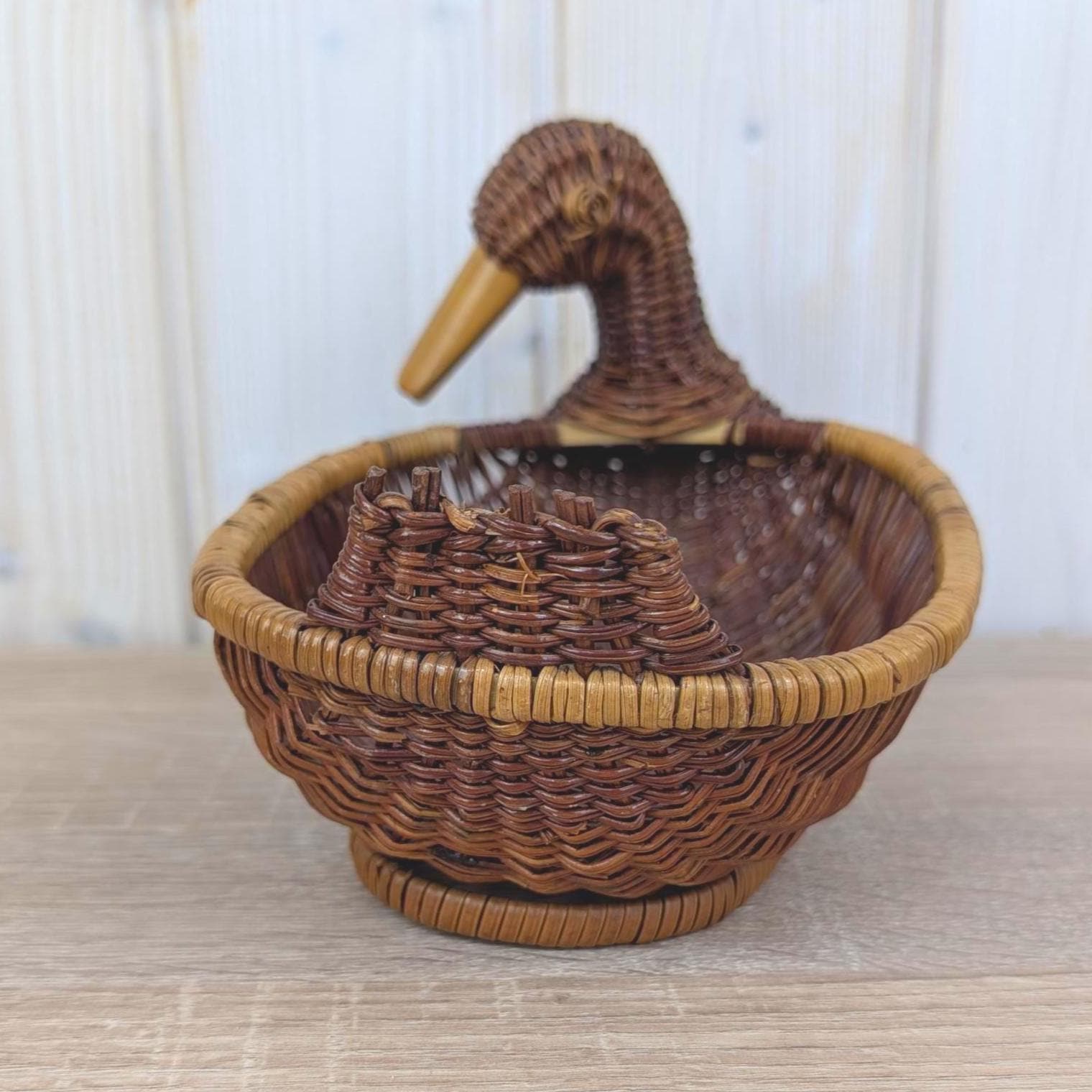 Wicker Duck Basket, Rattan with Wooden Beak, 1970s Folk Art, Fruit Bread Display Basket