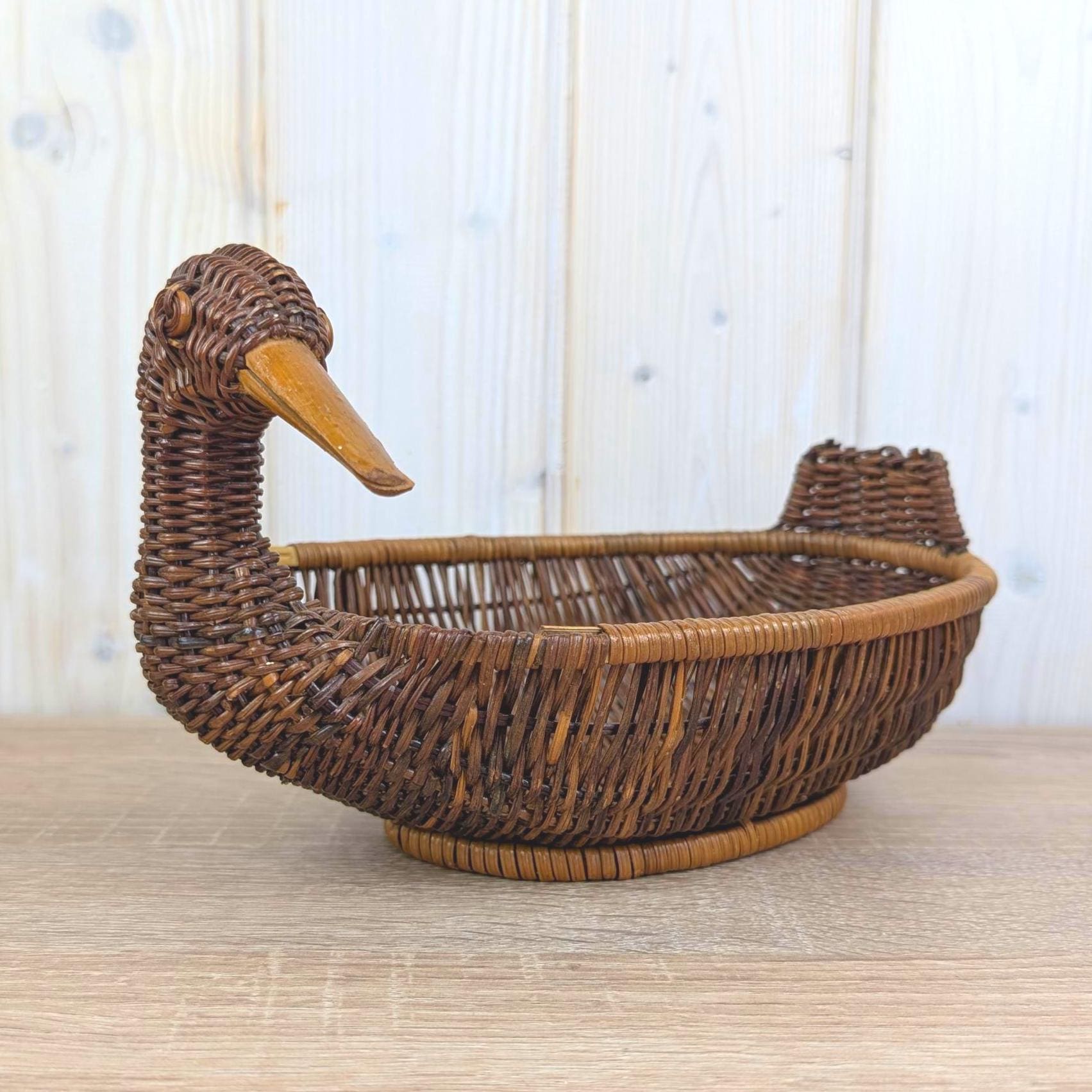 Wicker Duck Basket, Large Rattan with Wooden Beak, 1970s Folk Art, Fruit Bread Display Basket