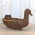Wicker Duck Basket, Large Rattan with Wooden Beak, 1970s Folk Art, Fruit Bread Display Basket
