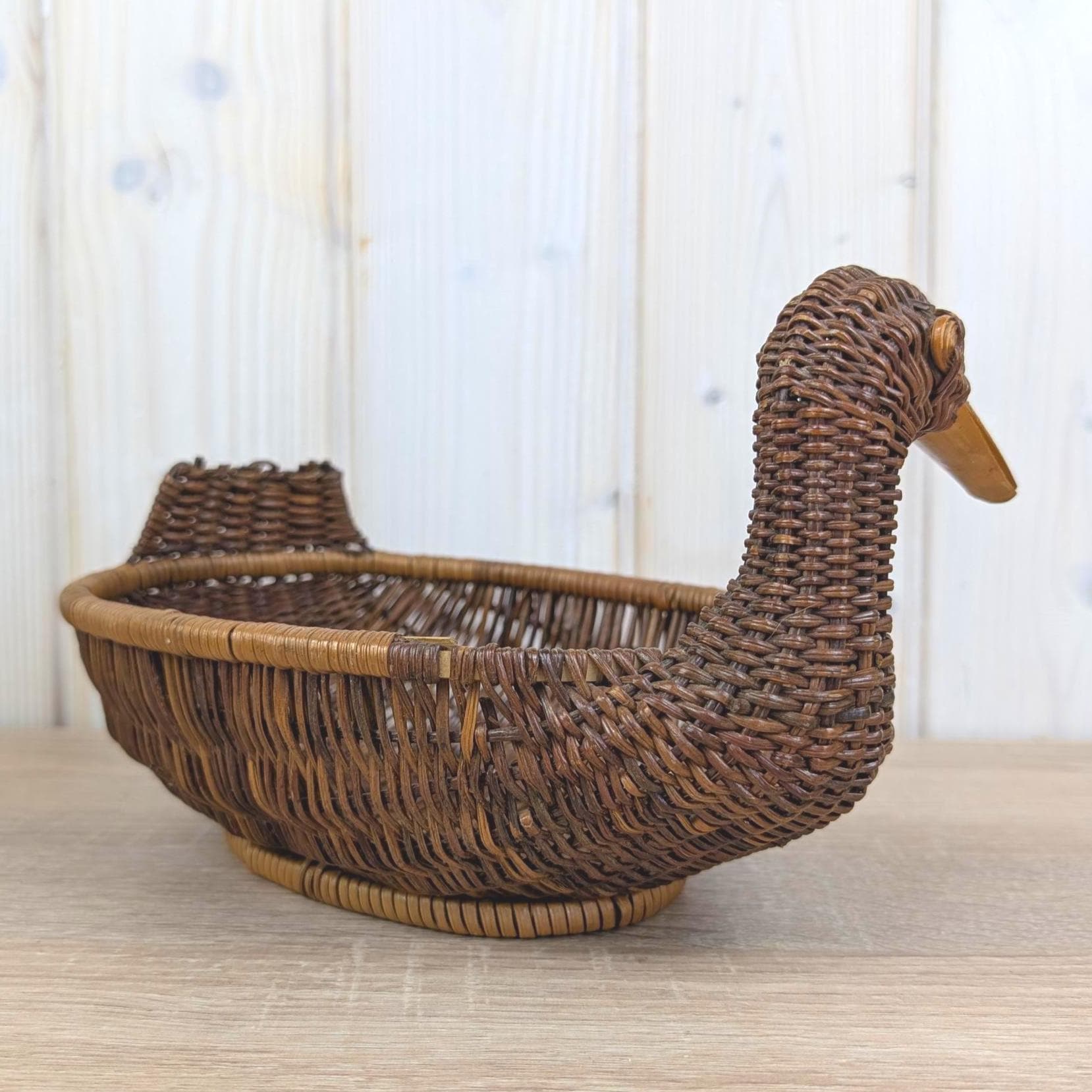 Wicker Duck Basket, Large Rattan with Wooden Beak, 1970s Folk Art, Fruit Bread Display Basket