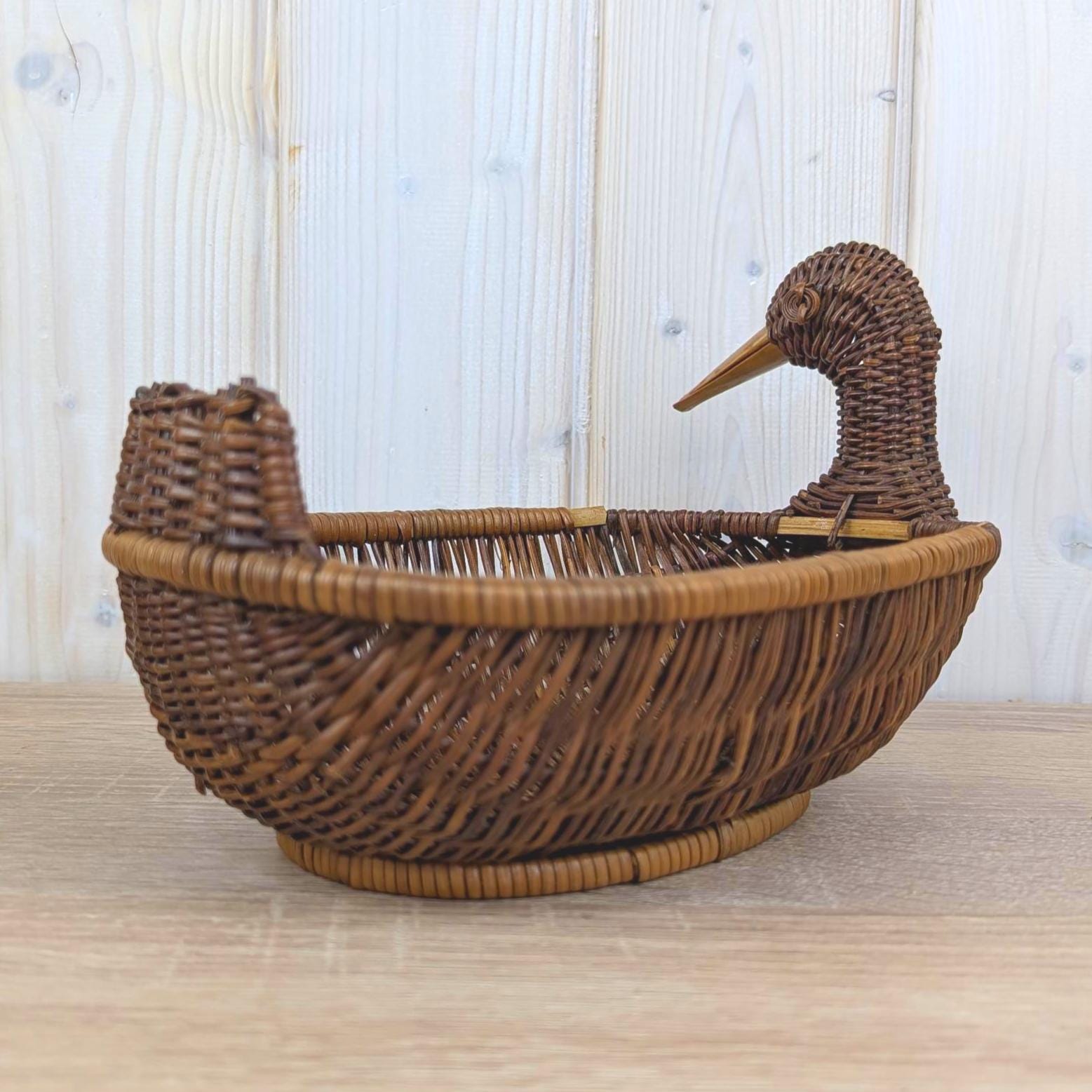 Wicker Duck Basket, Large Rattan with Wooden Beak, 1970s Folk Art, Fruit Bread Display Basket