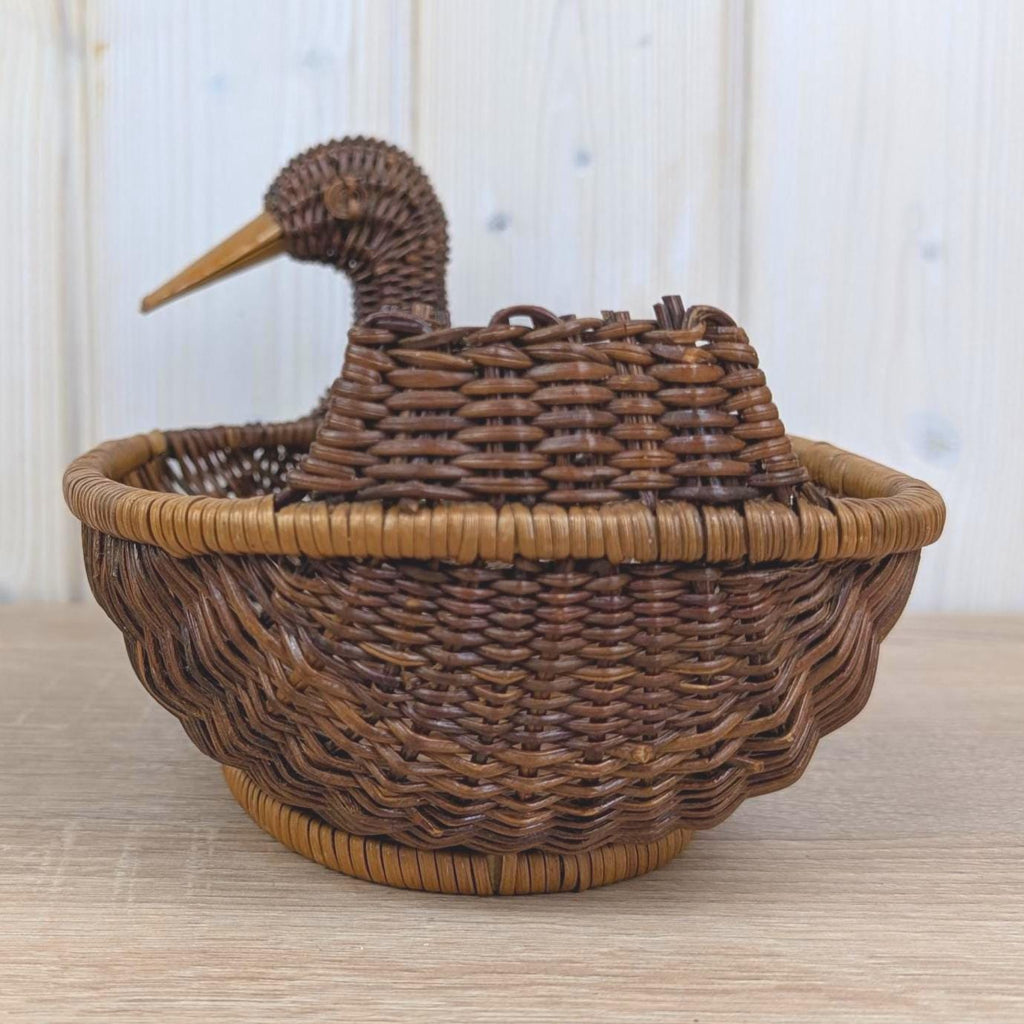 Wicker Duck Basket, Large Rattan with Wooden Beak, 1970s Folk Art, Fruit Bread Display Basket