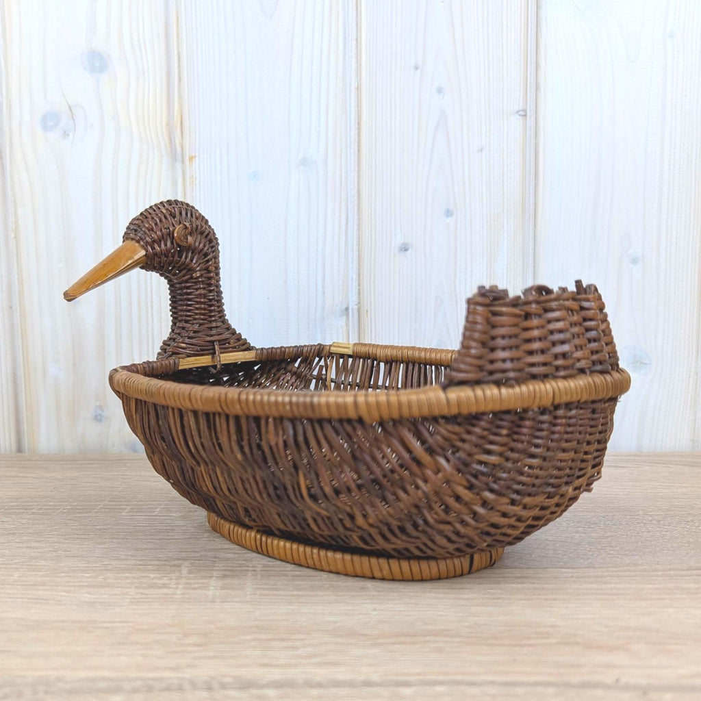 Wicker Duck Basket, Large Rattan with Wooden Beak, 1970s Folk Art, Fruit Bread Display Basket