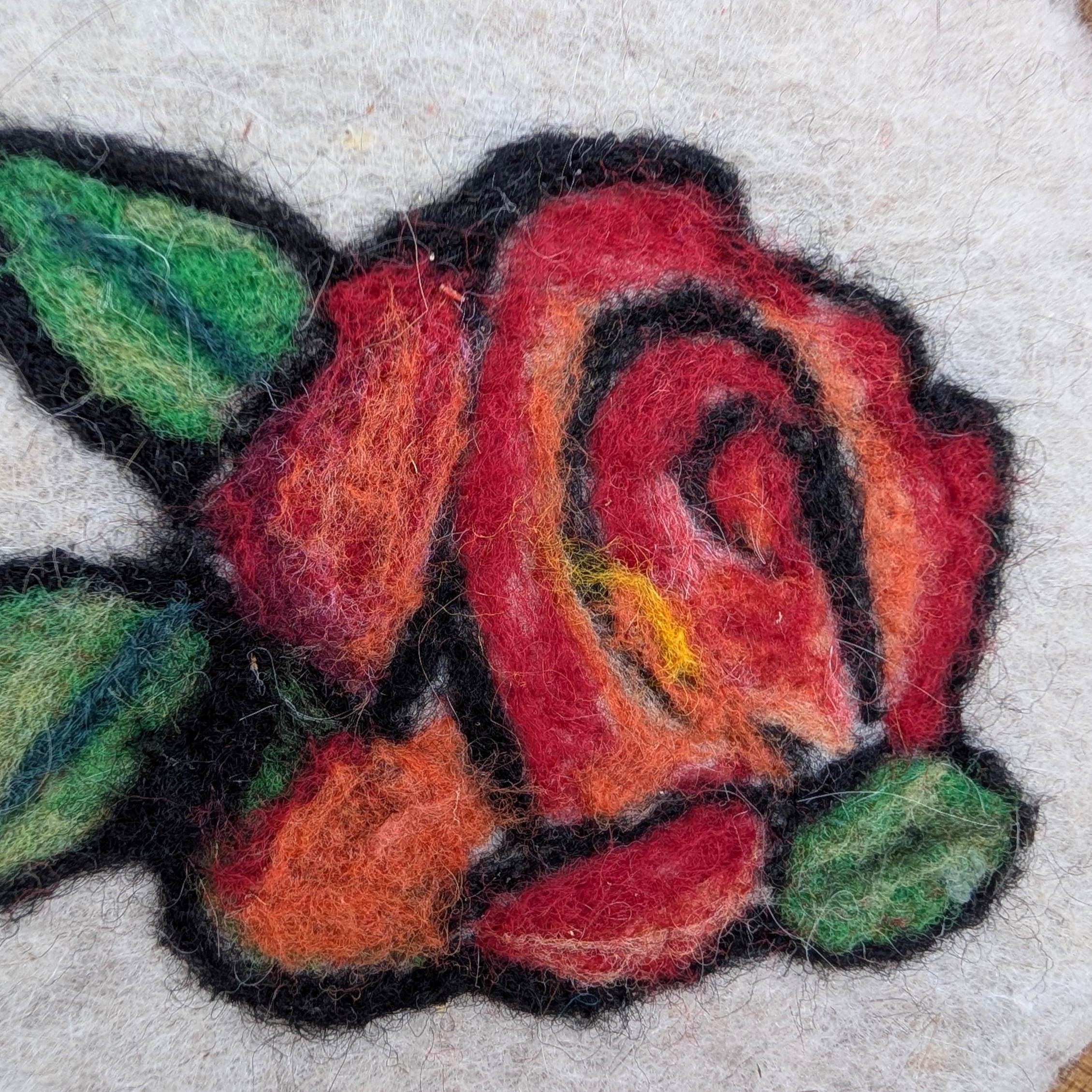 Needle Felted Rose Picture, Octagonal Wood Frame, Wool Folk Art, Framed Wall Hanging, 1970