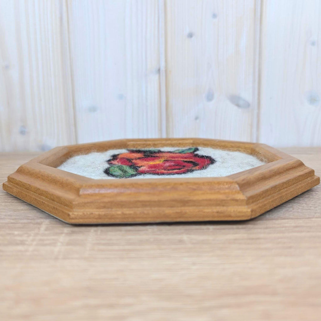 Needle Felted Rose Picture, Octagonal Wood Frame, Wool Folk Art, Framed Wall Hanging, 1970