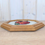 Needle Felted Rose Picture, Octagonal Wood Frame, Wool Folk Art, Framed Wall Hanging, 1970
