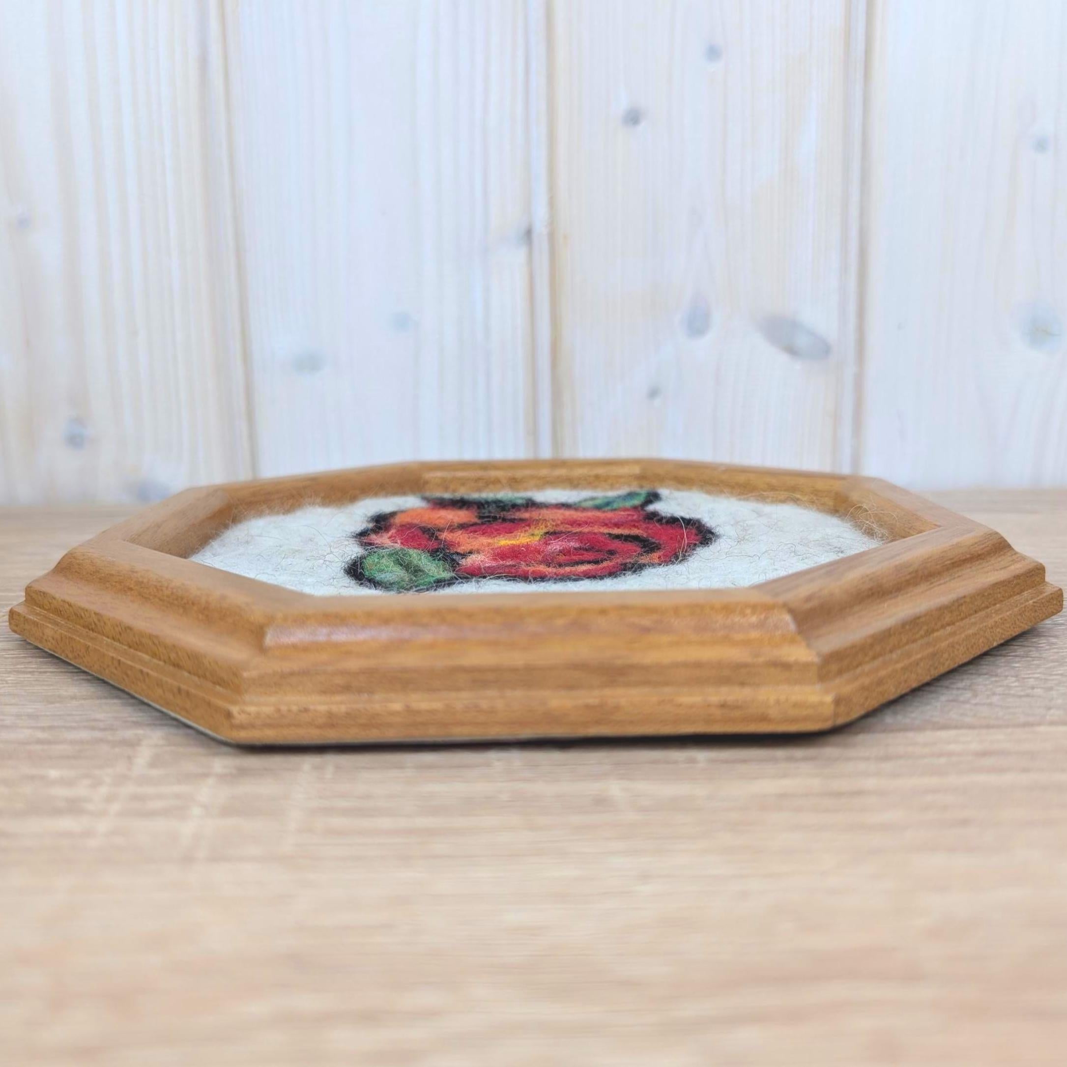 Needle Felted Rose Picture, Octagonal Wood Frame, Wool Folk Art, Framed Wall Hanging, 1970