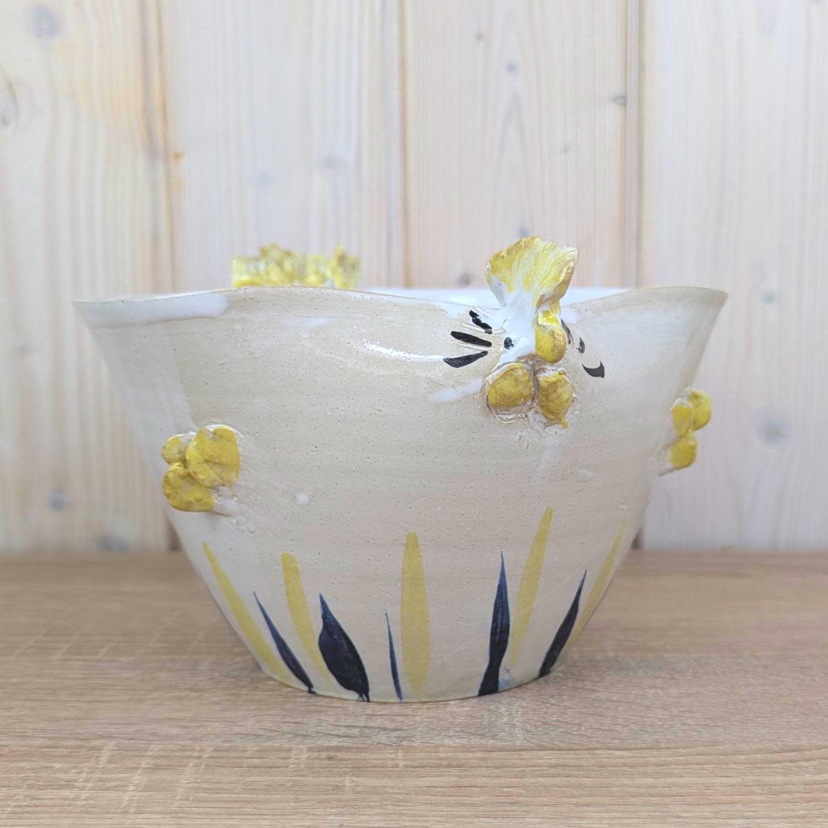 Studio Pottery Hen Bowl, Signed Handmade Ceramic Chicken, Yellow Navy Folk Art, Vintage 1970s