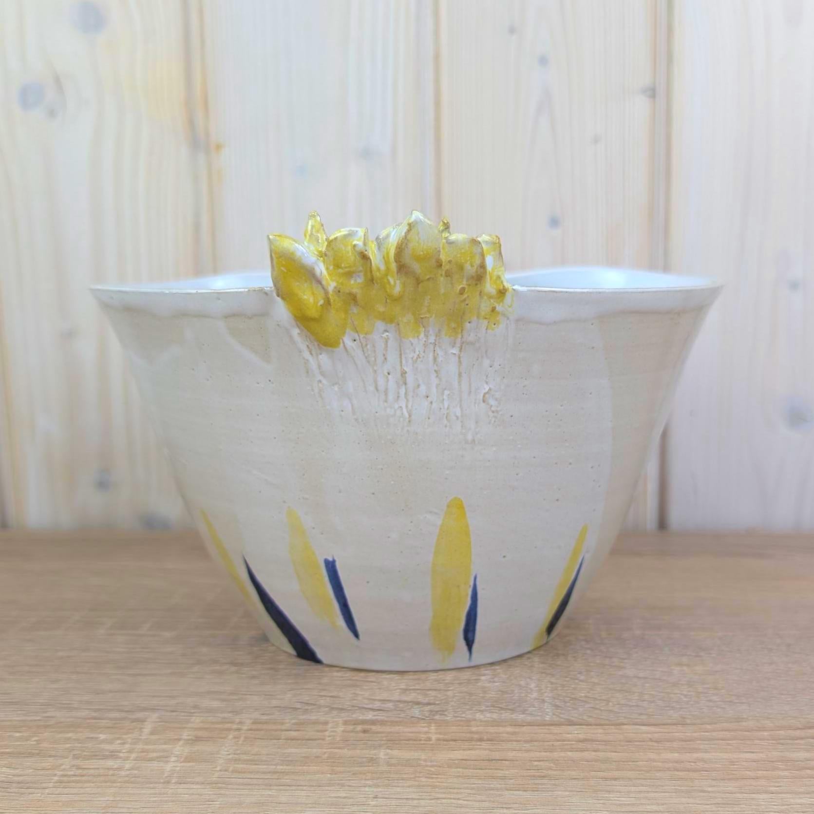 Studio Pottery Hen Bowl, Signed Handmade Ceramic Chicken, Yellow Navy Folk Art, Vintage 1970s