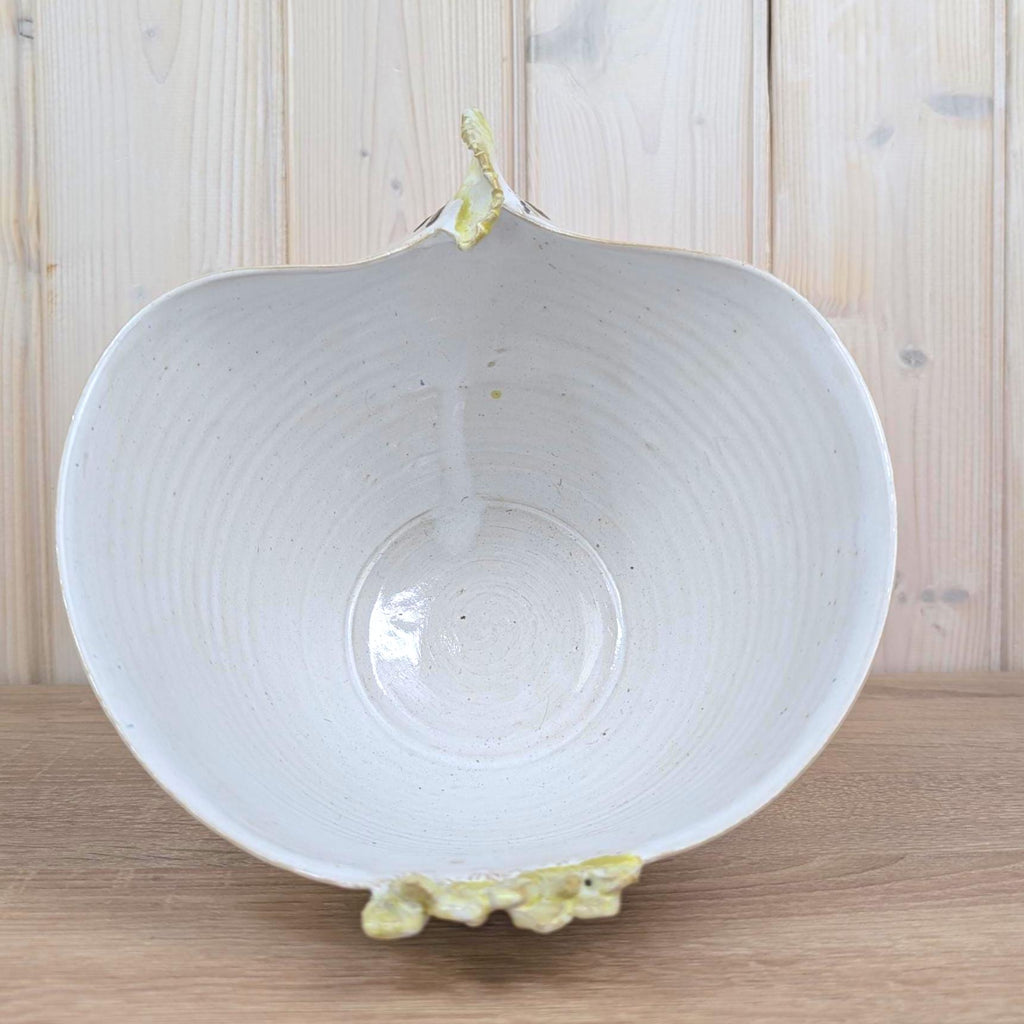 Studio Pottery Hen Bowl, Signed Handmade Ceramic Chicken, Yellow Navy Folk Art, Vintage 1970s