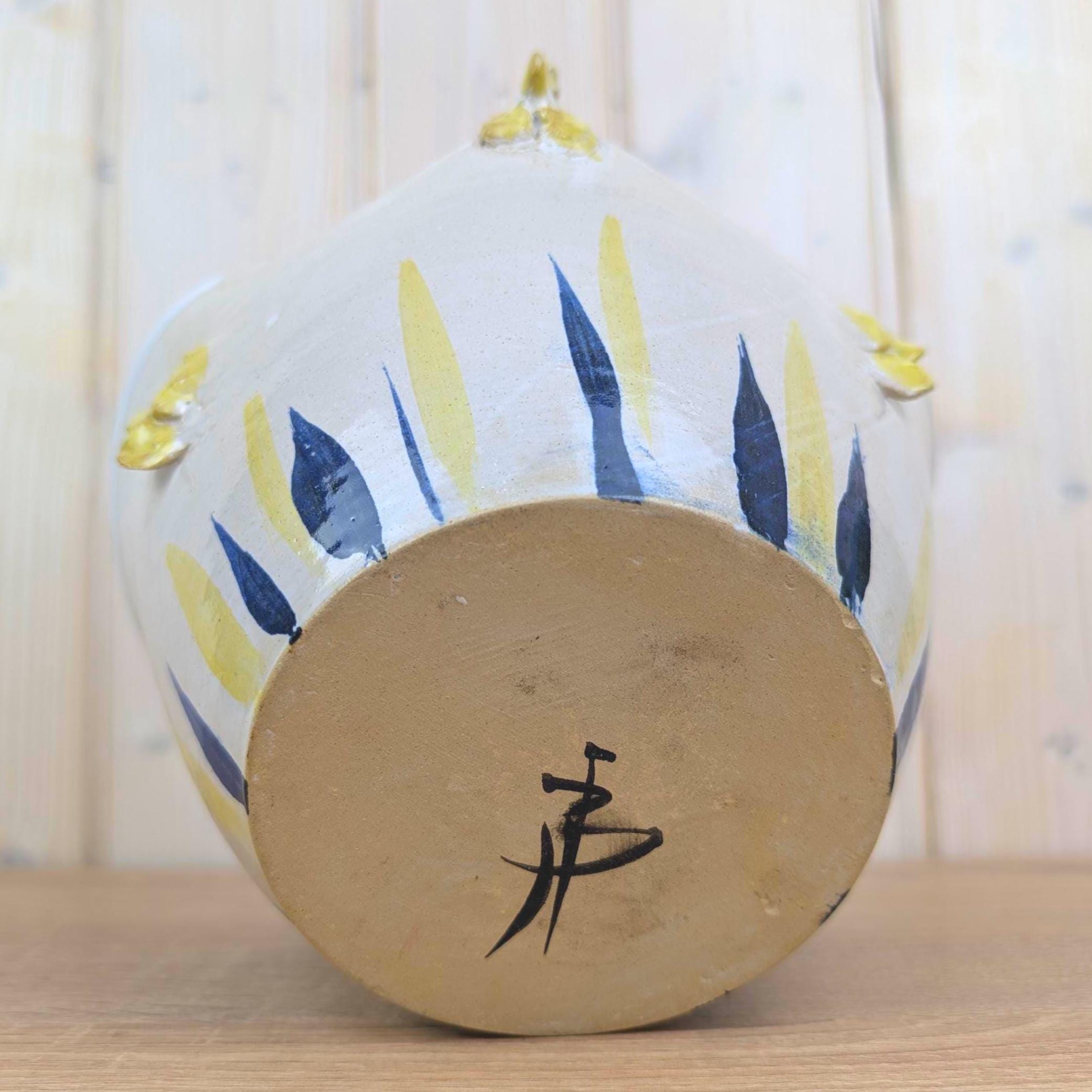 Studio Pottery Hen Bowl, Signed Handmade Ceramic Chicken, Yellow Navy Folk Art, Vintage 1970s