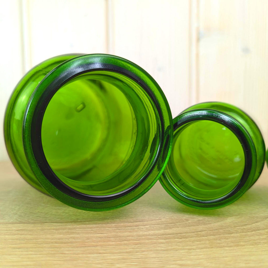 Belgian Green Glass Apothecary Jar Set of 2, Bubble Stopper, 1970s, Made in Belgium, MCM Kitchen