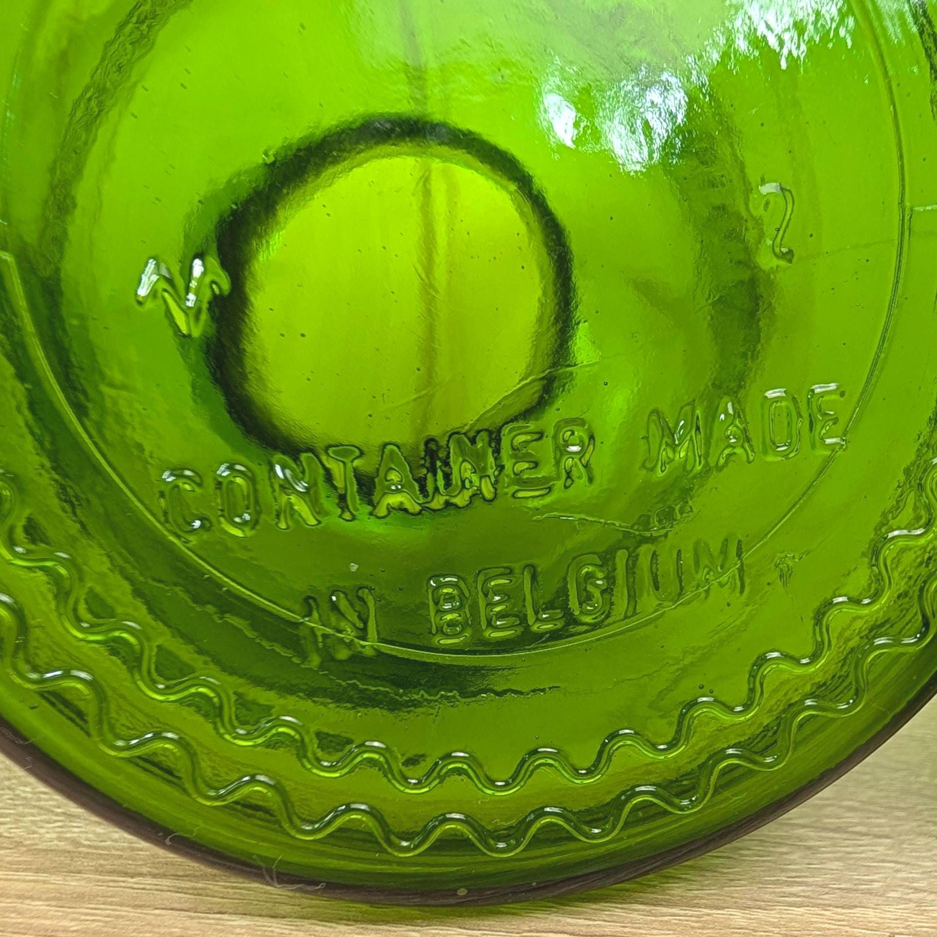 Belgian Green Glass Apothecary Jar Set of 2, Bubble Stopper, 1970s, Made in Belgium, MCM Kitchen