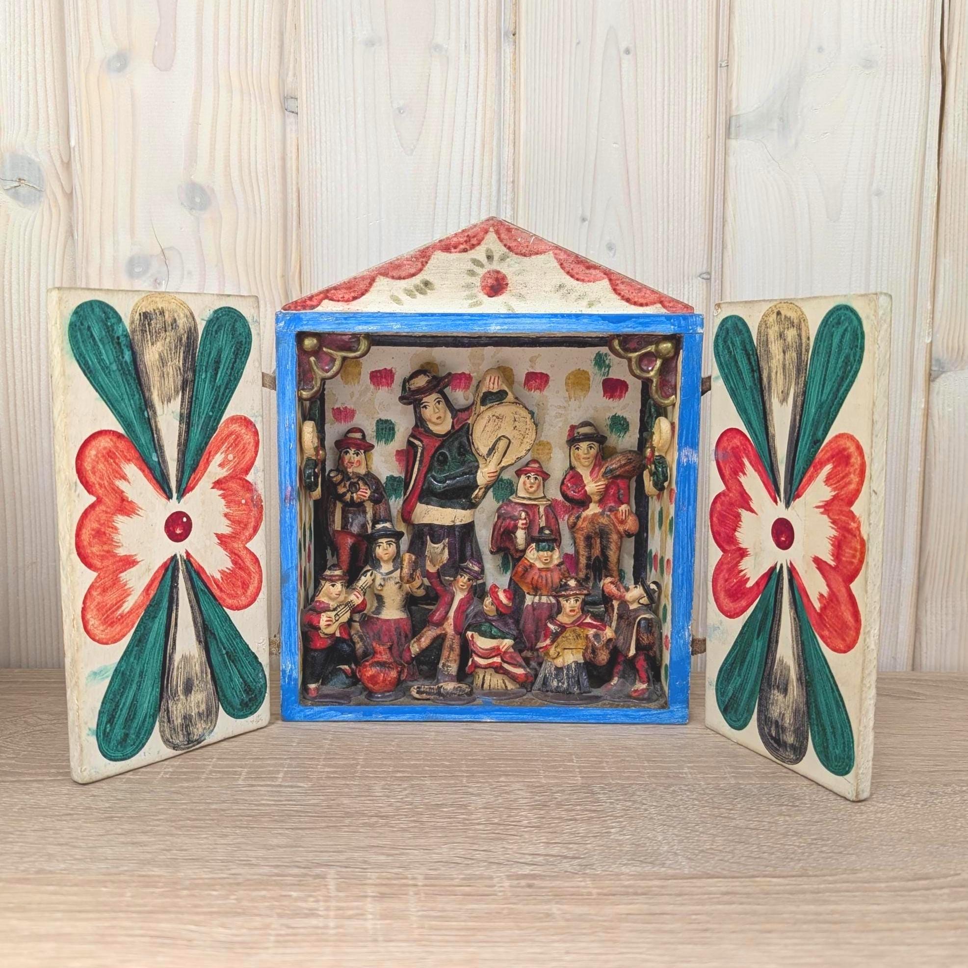 Peruvian retablo folk art, musicians scene, Ayacucho style, hand painted, 1970s