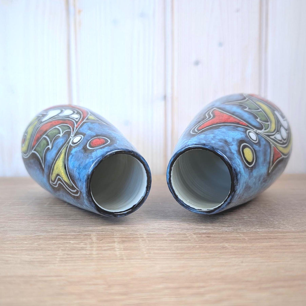 Maltese hand painted ceramic vase, fish motif, blue glaze, 1960s, choose yellow or red head