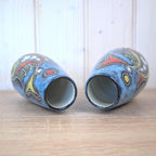 Maltese hand painted ceramic vase, fish motif, blue glaze, 1960s, choose yellow or red head