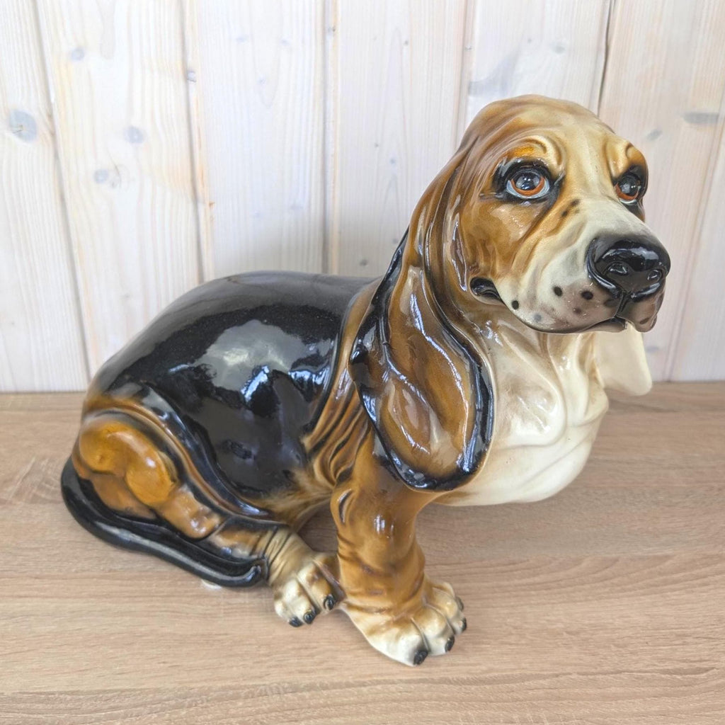Large Vintage Ceramic Basset Hound Figurine, Italian Style, Hand-Painted Gloss Glaze, Mid-Century Dog Statue, 1960s 1970s