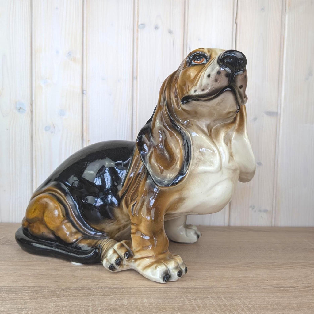 Large Vintage Ceramic Basset Hound Figurine, Italian Style, Hand-Painted Gloss Glaze, Mid-Century Dog Statue, 1960s 1970s