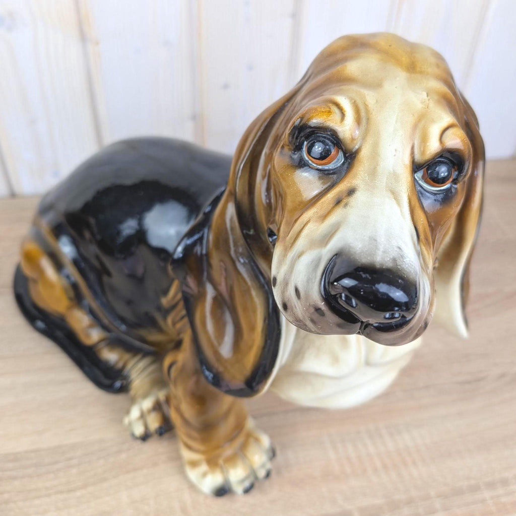 Large Vintage Ceramic Basset Hound Figurine, Italian Style, Hand-Painted Gloss Glaze, Mid-Century Dog Statue, 1960s 1970s