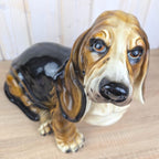 Large Vintage Ceramic Basset Hound Figurine, Italian Style, Hand-Painted Gloss Glaze, Mid-Century Dog Statue, 1960s 1970s