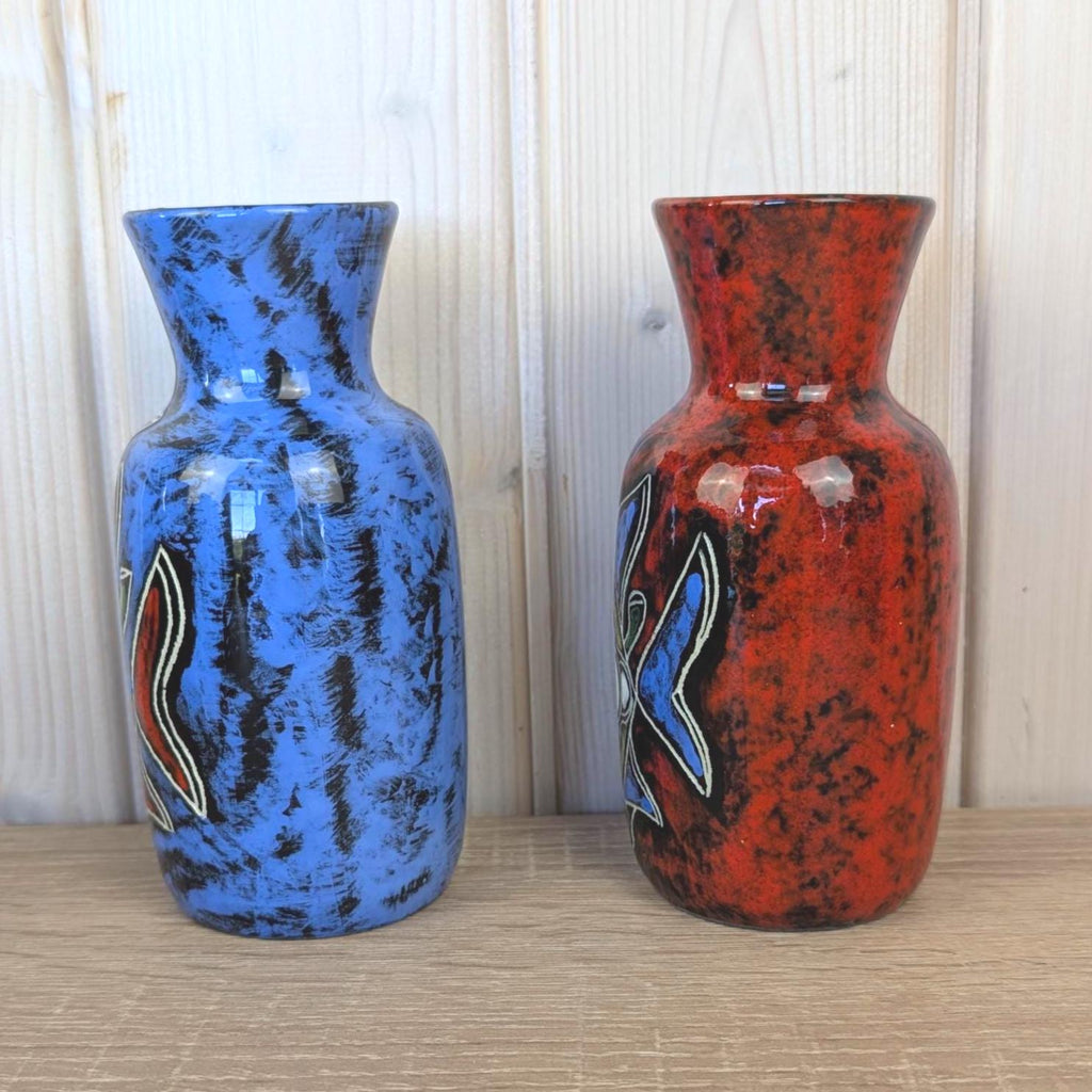 Maltese hand painted ceramic vase, fish motif, 1960s, choose blue or red glaze