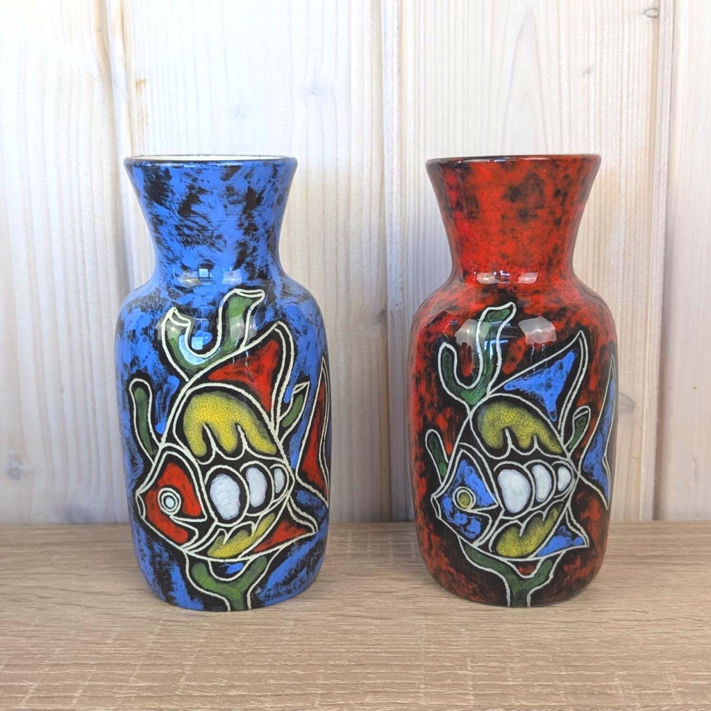 Maltese hand painted ceramic vase, fish motif, 1960s, choose blue or red glaze