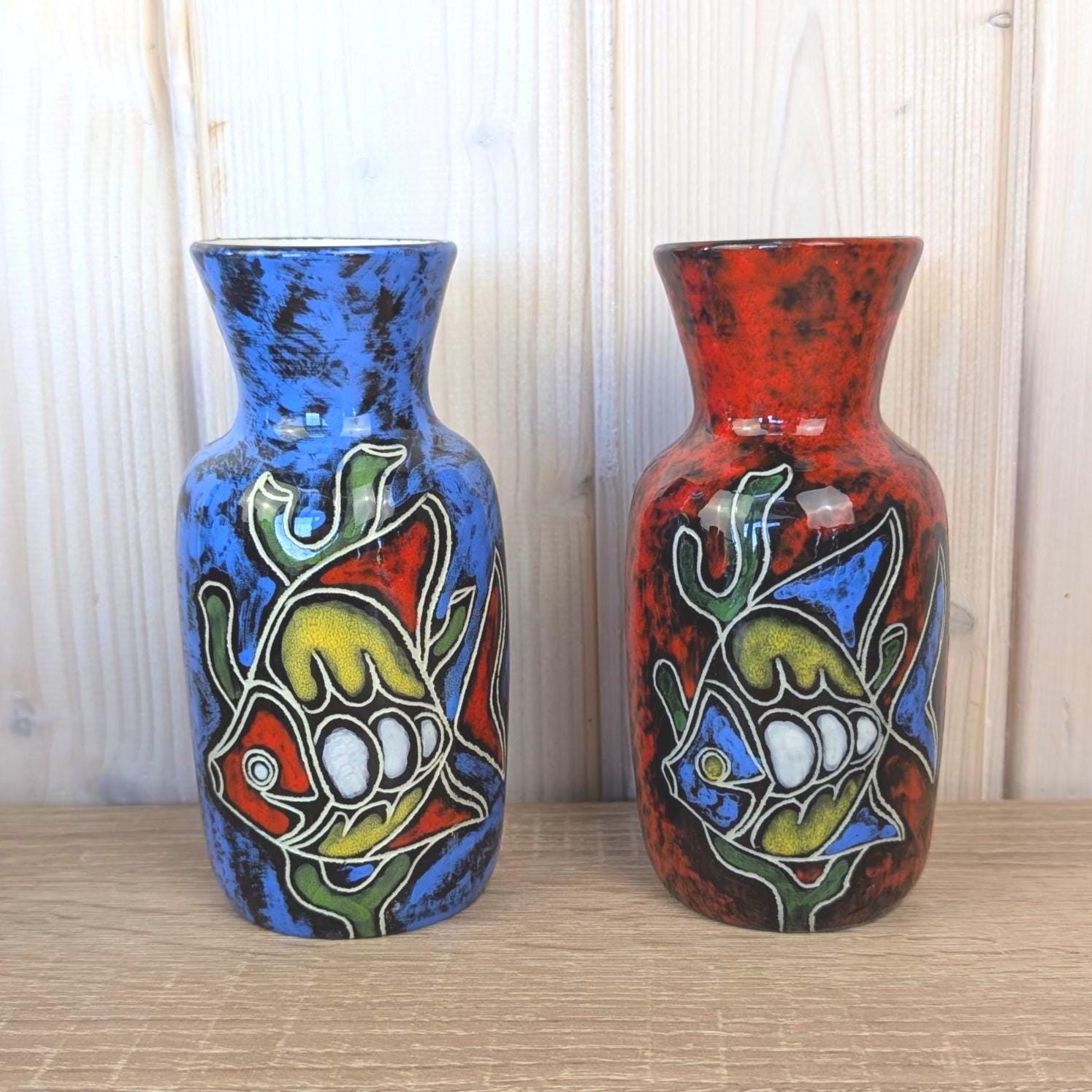 Maltese hand painted ceramic vase, fish motif, 1960s, choose blue or red glaze