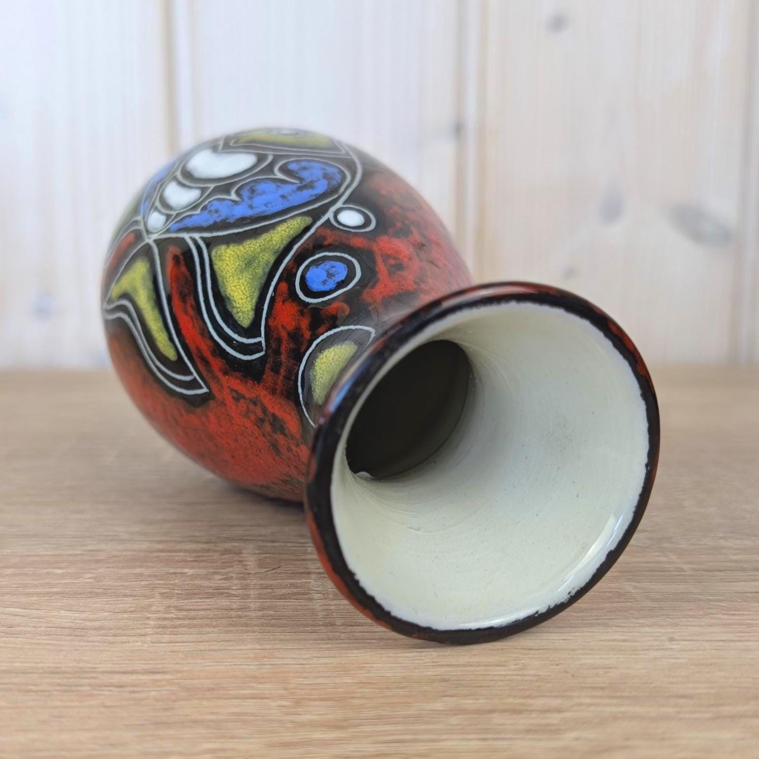Maltese hand painted ceramic vase, fish motif, red glaze, 1960s, model 518