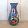 Maltese hand painted ceramic vase, large fish motif, blue glaze, 1960s
