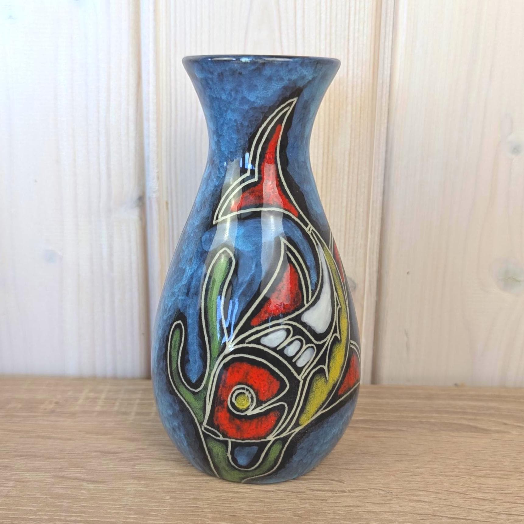Maltese hand painted ceramic vase, large fish motif, blue glaze, 1960s
