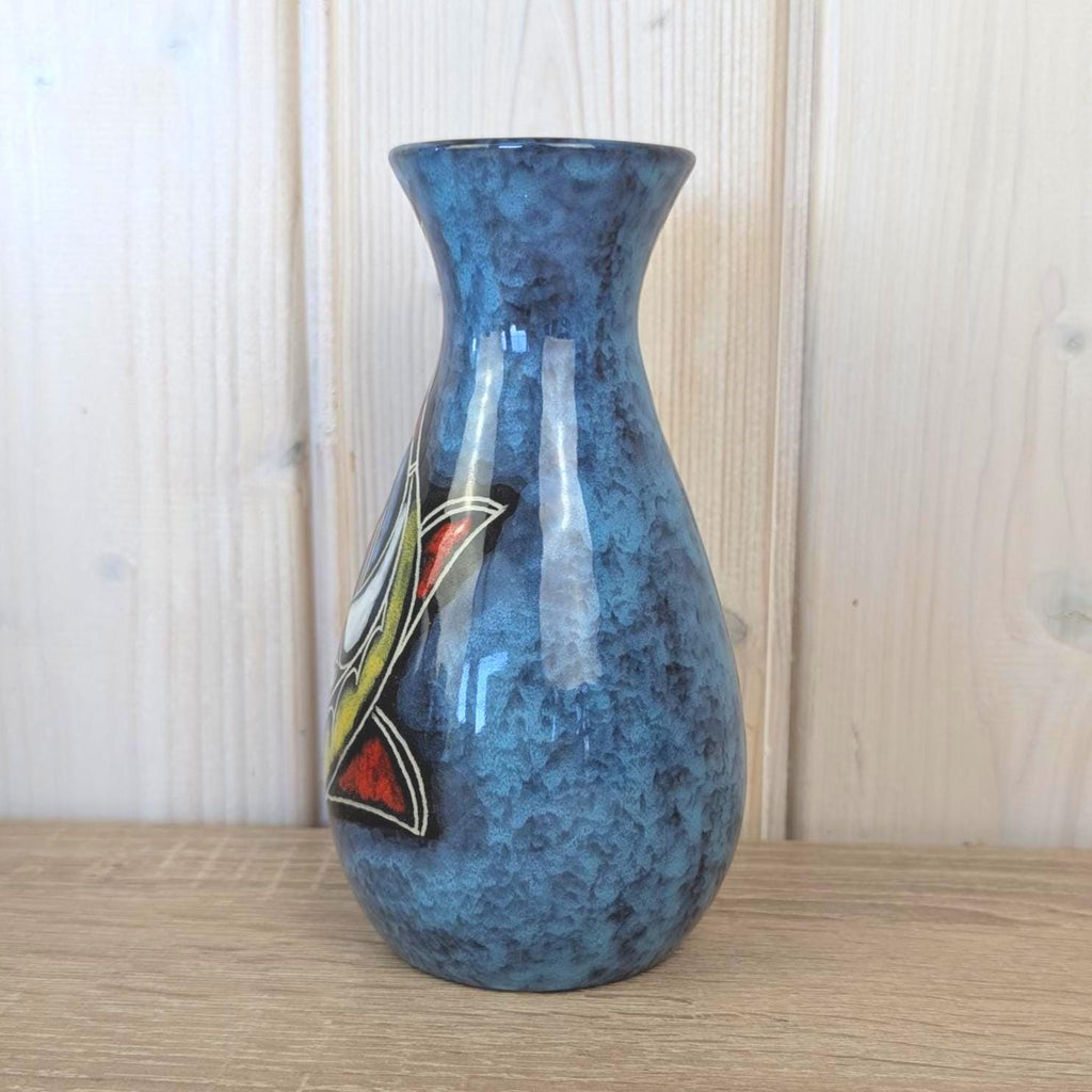 Maltese hand painted ceramic vase, large fish motif, blue glaze, 1960s