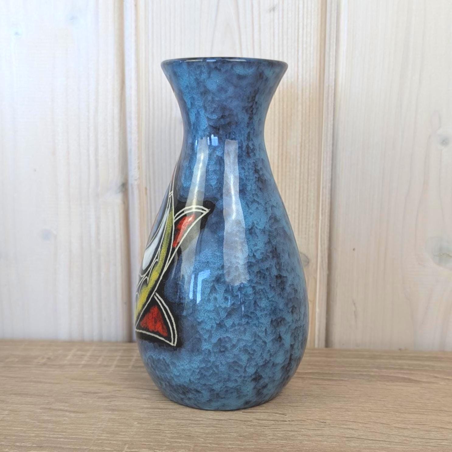 Maltese hand painted ceramic vase, large fish motif, blue glaze, 1960s